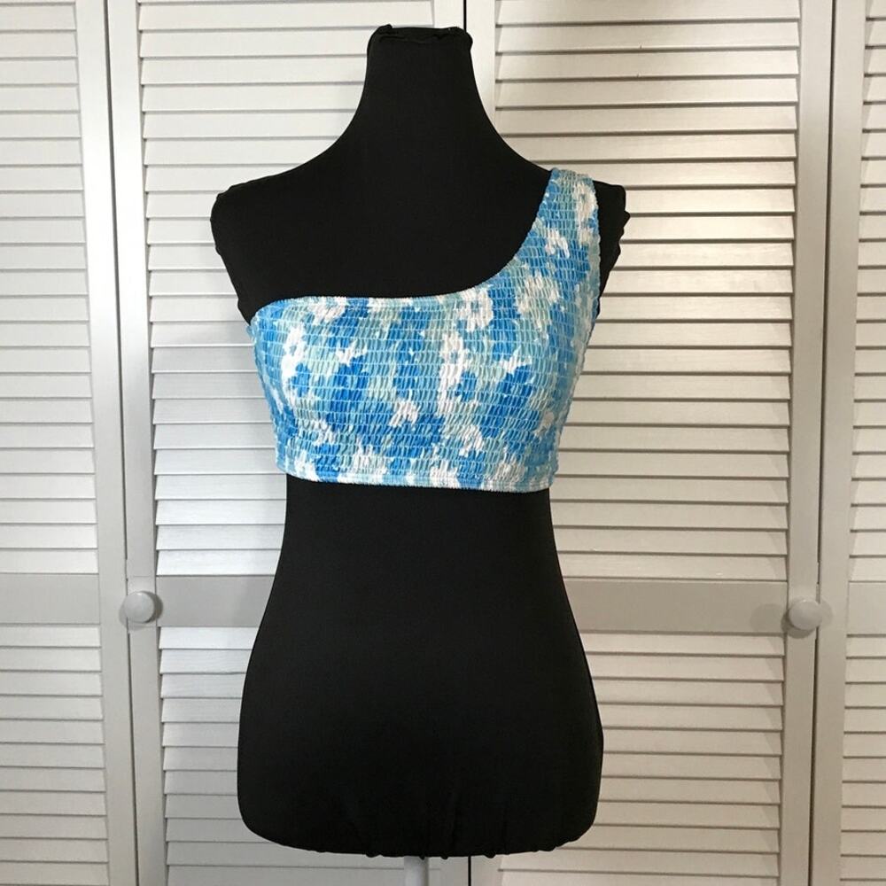 Y2K Blue White Tie Dye Smocked One Shoulder Swimwear Bikini Top L
